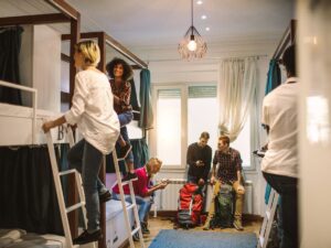backpackers in a hostel dorm