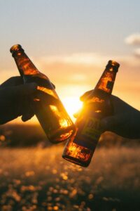 Backpackers having beers
